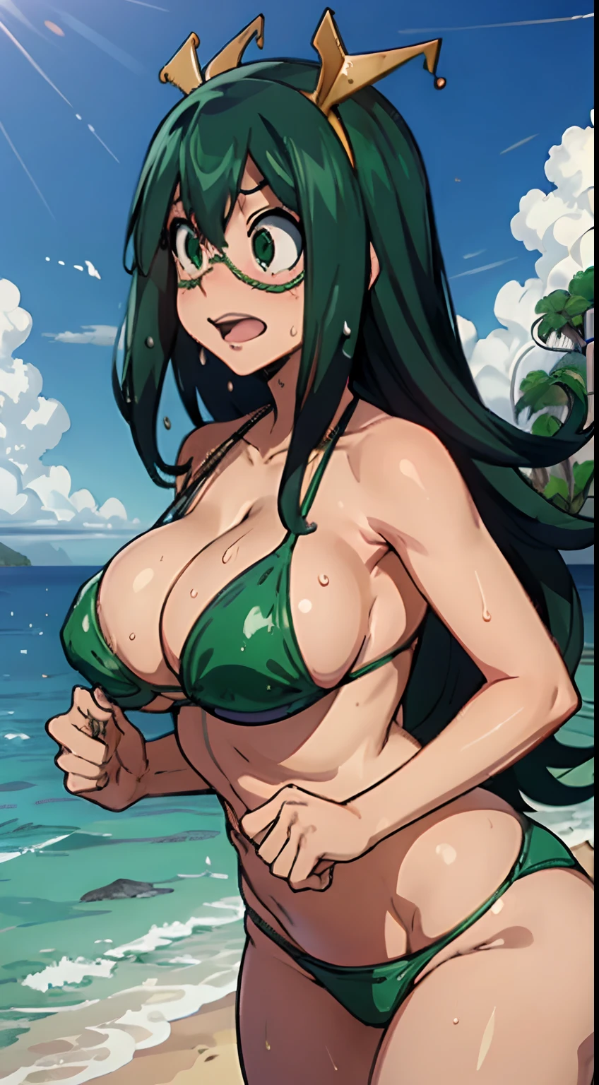 (melhor qualidade:1.3), Tsuyu Asui por boku no hero , (naughty face), peituda, clivagem, sedutora, sexy, body curvy, bunda grande, peitos grande, (bikini latex), (beach), (body wet)