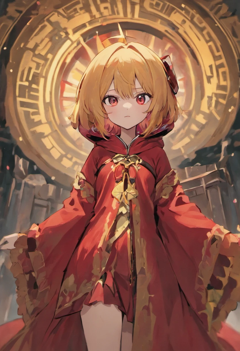 （SENSE OF CINEMA）style of anime，Loli body type，Wear a wide and solemn robe，brunette color hair, Long hair，red - eyed， The main colors of the costume are crimson and black，timid， cat ear， effeminate， obedient ，Antique costumes（Middle Ages style）， Wide robe with large sleeves，There is a hood but it is not worn on the head