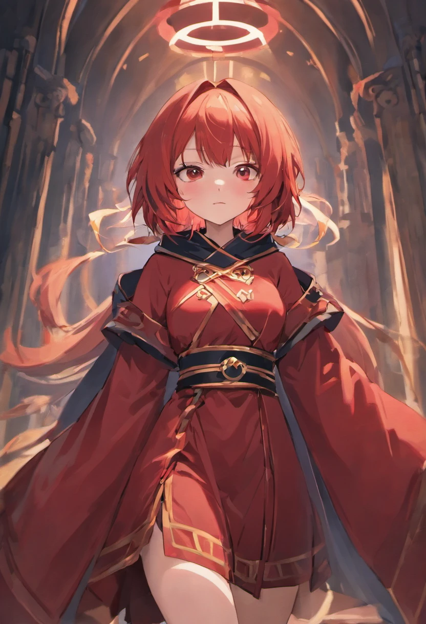 (SENSE OF CINEMA)style of anime,Loli body type,Wear a wide and solemn robe,brunette color hair, Long hair,red - eyed, The main colors of the costume are crimson and black,timid, cat ear, effeminate, obedient ,Antique costumes(Middle Ages style), Wide robe with large sleeves,There is a hood but it is not worn on the head