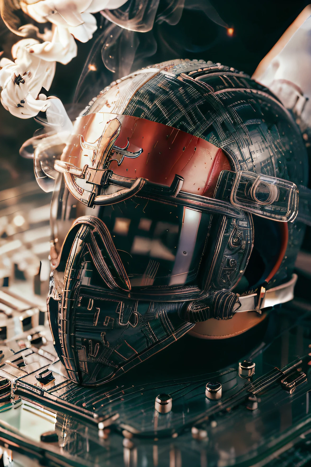 closeup macro shot f:1.4 , f16 pilot mask museum glass, turkish flag, turkish airforce logo, turkish flag, surrounding magic smoke, ultra stable, front view, realistic