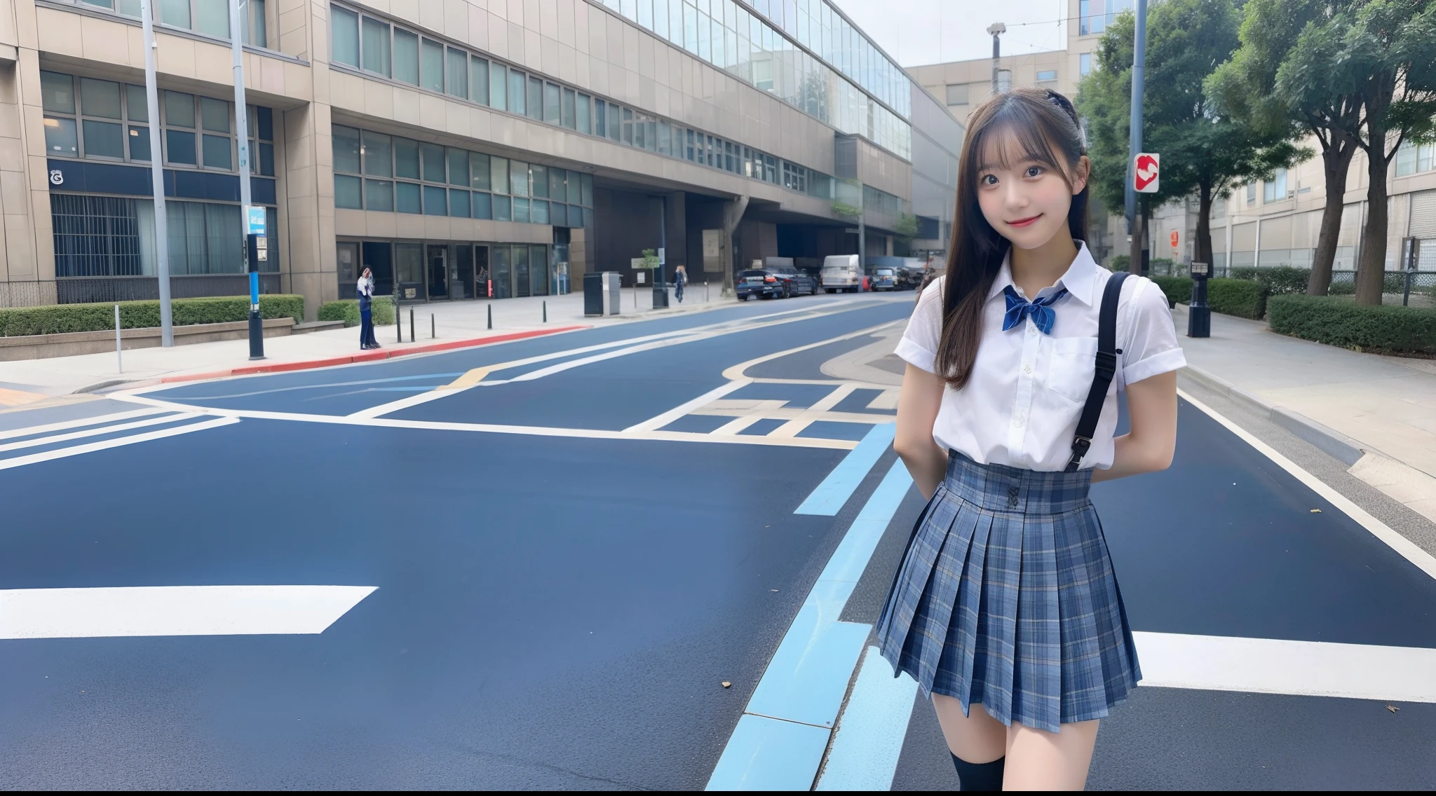 Top quality, masterpiece, ultra high definition, (photorealistic: 1.4), raw photo, around the city, (realistic junior idol), junior high school student, thigh shiina, skinny,, cute outfit, sexual innuendo, sexy pose, crotch, from below.