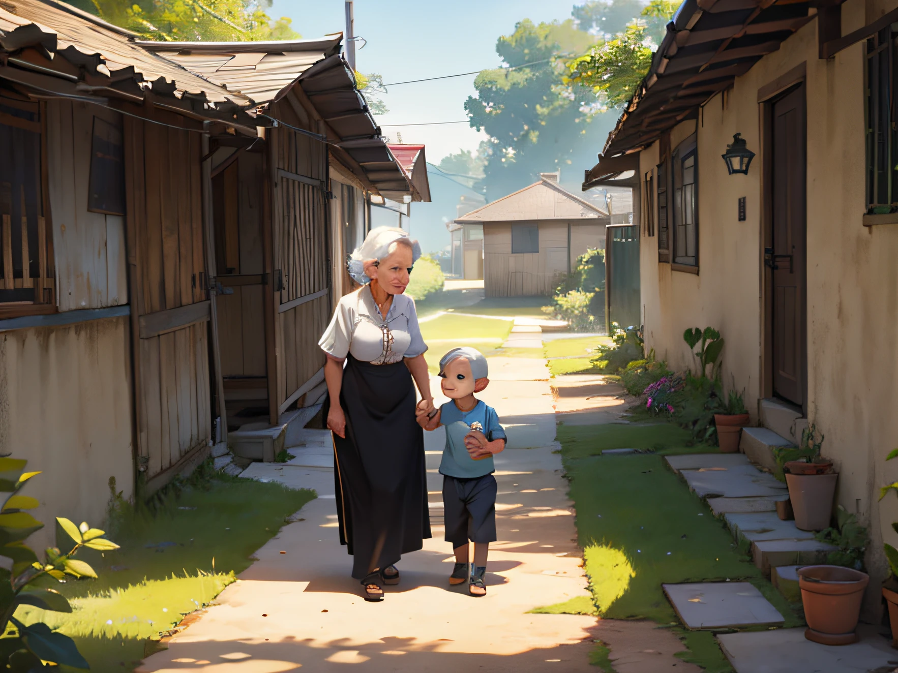 In the yard,Grandma and a small child