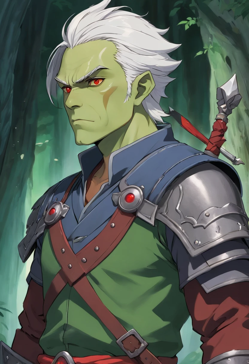 half orc, green skin, male, close up portrait, fantasy look, rpg character, medieval fantasy, white hair, red eyes, 1.90 height, muscolar, half-body shot, scars, ((Taper Haircut + Brushed Up man's hairstyle)), black boots, fullbody ((fullbody)), 20years, muscolar body