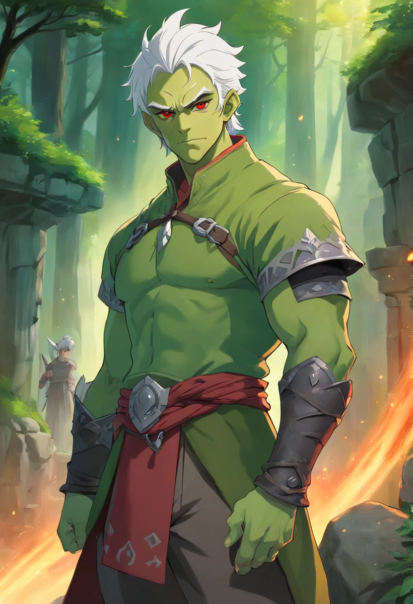 half orc, green skin, male, close up portrait, fantasy look, rpg character, medieval fantasy, white hair, red eyes, 1.90 height, muscolar, half-body shot, scars, ((Taper Haircut + Brushed Up man's hairstyle)), black boots, fullbody ((fullbody)), 20years, muscolar body
