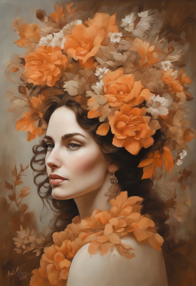 lady with flowers on her head is an acrylic painting, in the style of lucy glendinning, tony diterlizzi, organic and naturalistic compositions, floral explosions, ferris plock, light orange and brown, serene faces --ar 3:4 -