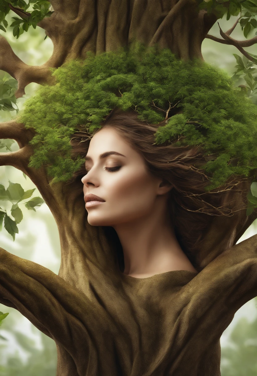 close up, Arbomorph A hug of woman face turn into a leafy tree, with roots as legs, branches like arms, some leaves fly on a white background,l