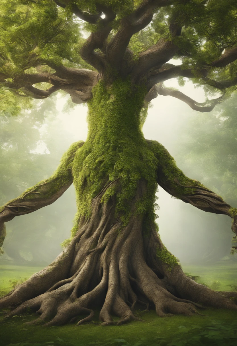 close up, Arbomorph A hug of woman face turn into a leafy tree, with roots as legs, branches like arms, some leaves fly on a white background,l