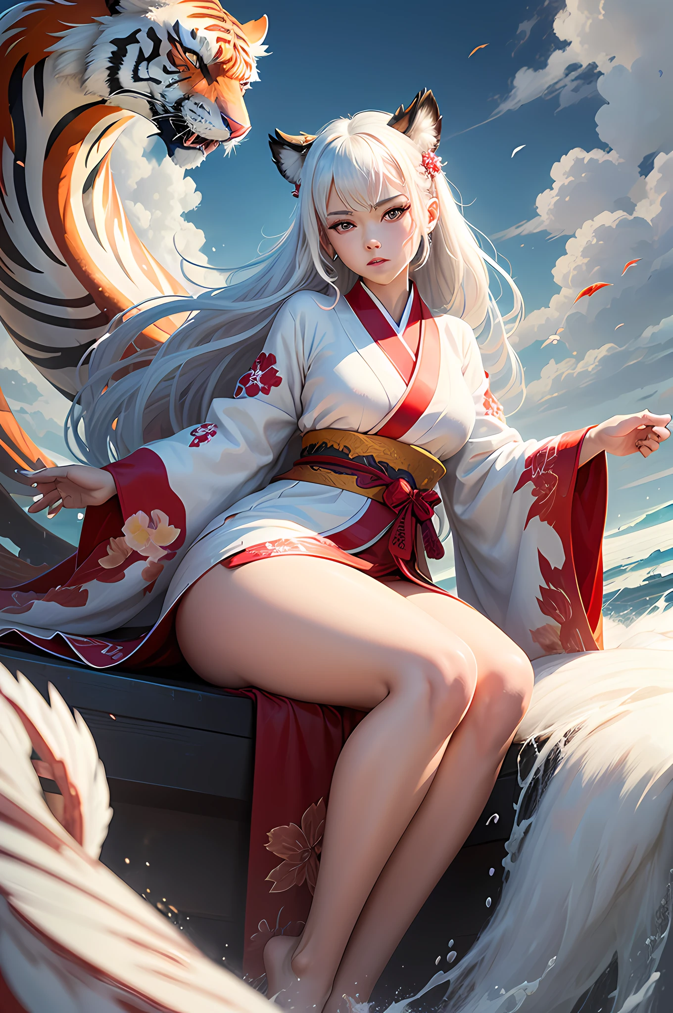 (Splash Art), (masutepiece ,Best Quality:1.2), 1girl in, Sitting on the clouds, Detailed face, strong facial expression, White hair, colourfull, Red and white Chinese style kimono、Longer dress, Precision Line, Large-scale muralists, manticore, Tiger and White Tiger, Red Phoenix