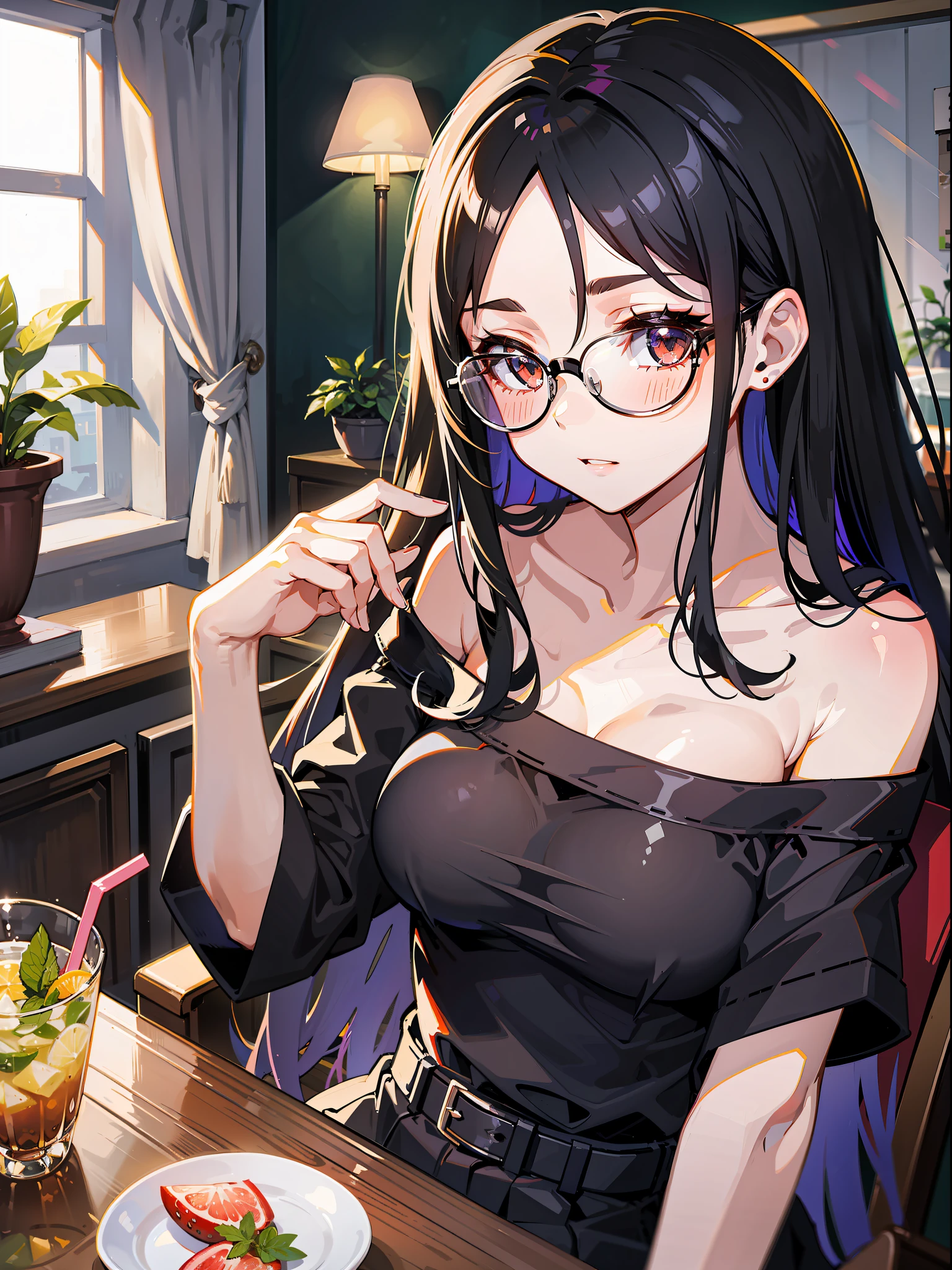 a beautiful girl, anime girl, black hair ,long hair,hair splitting in the middle of the forehead, glasses, black glasses frame, brown eyes, lowering her glasses with her right arm, head slightly bending towards the front, view from the front, total black outfit, black shirt, strapless shirt, shirt with sleeves, bare shoulders, collarbone, big breasts, sitting in a chair, table in fron of her, drink on the table, mojito drink, 8k, masterpiece, best quality, highres