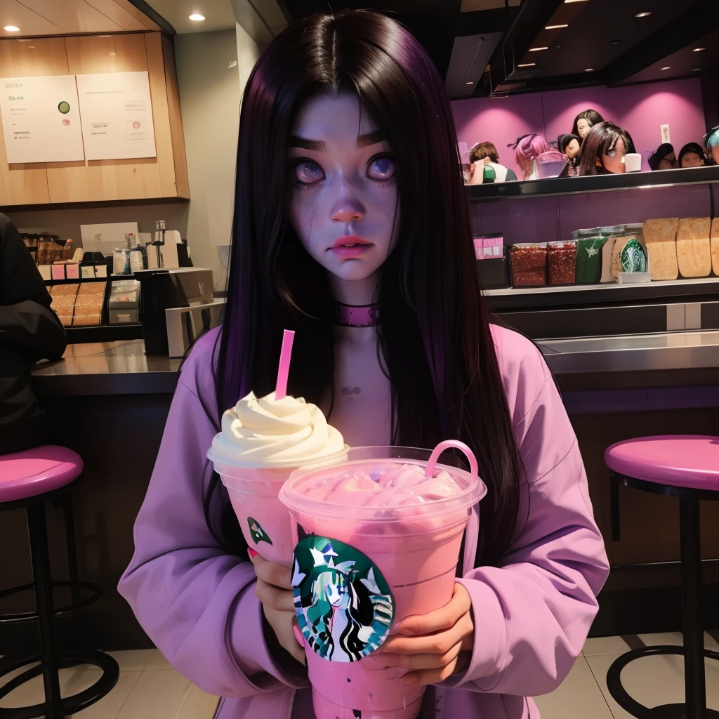 A cute anime (zombie girl) with (dark purple straight hair), freckles, (blue skin), (big pink eyes), pink nose, in aesthetic pose, full body shot, in a starbucks.
