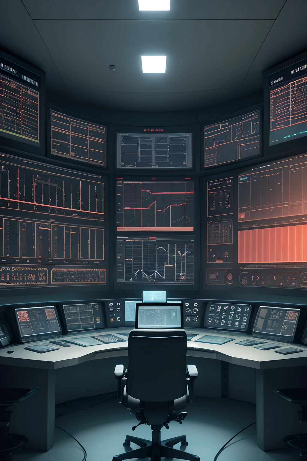 HD image of a futuristic nuclear power plant control room, digital panels