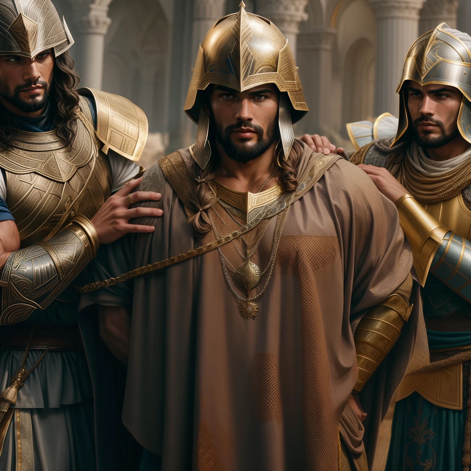 Three Roman soldiers are together, biblical epic movie, jason momoa as assyrian, ainda de um filme de fantasia, price of the film persia, ainda de um filme live action, filme ainda 8K, handsome prince of persia, 8 k filme ainda, cena do filme live action, vestido com armadura romana, com uma armadura e uma coroa, cinematic, século I d.C.