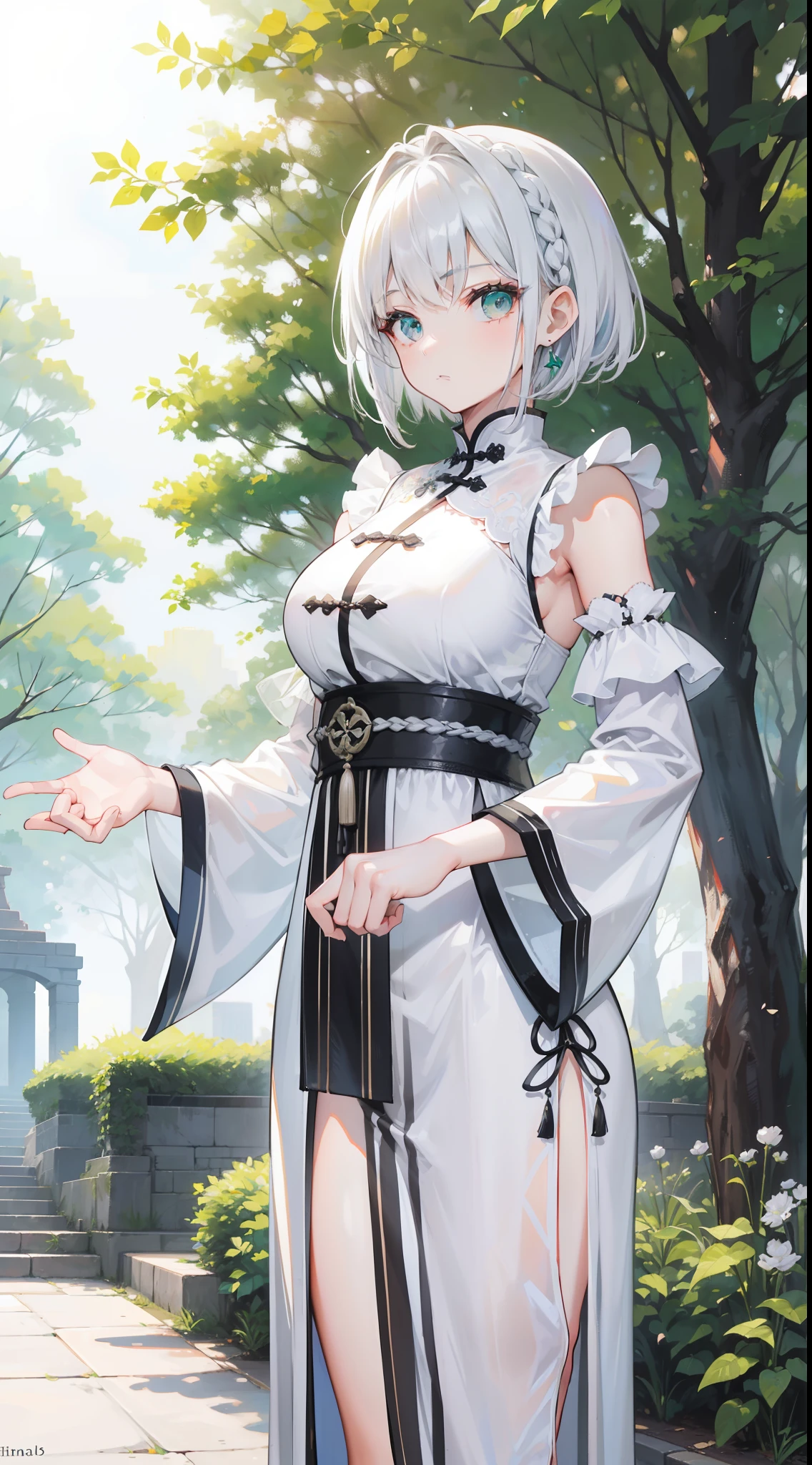 A 20 year old woman with silver hair and emerald eyes. Short hair braided on one side Wearing a white Chinese dress, standing in the park