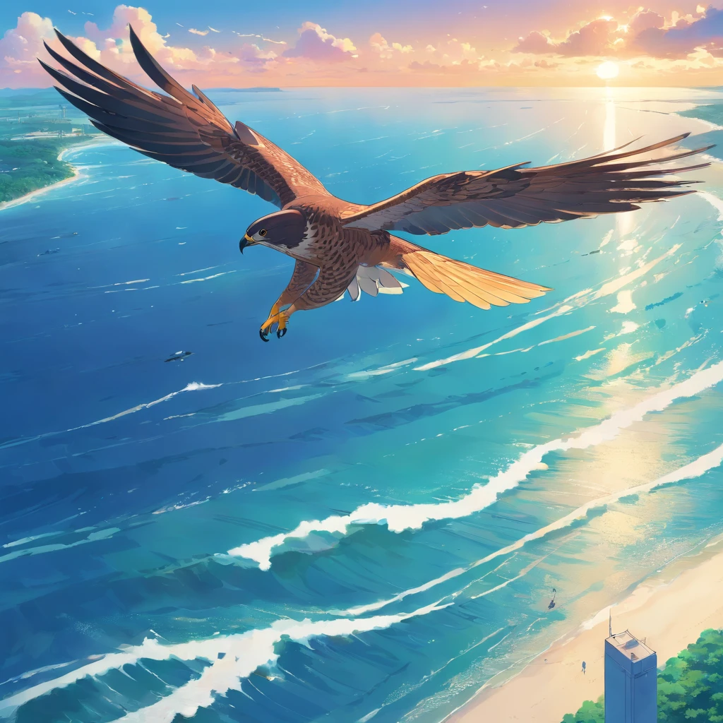 Falcon flying over the sea