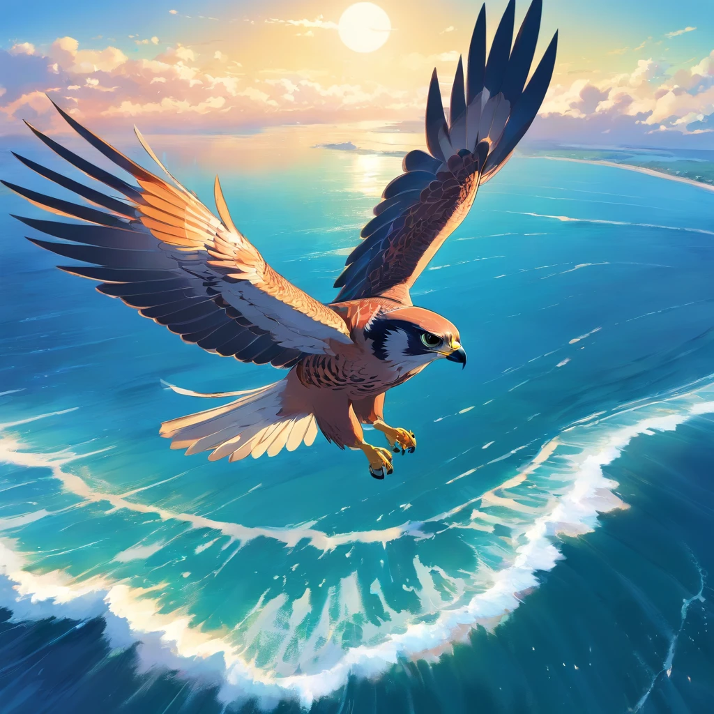 Falcon flying over the sea