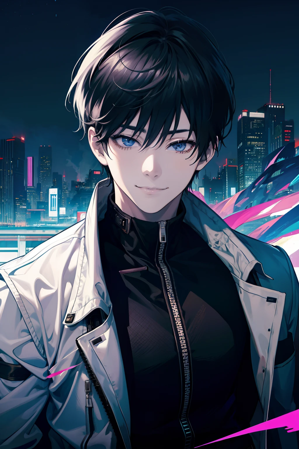 1boy anime, white jacket, (gun), smile, handsome, black hair, night city, cyberpunk