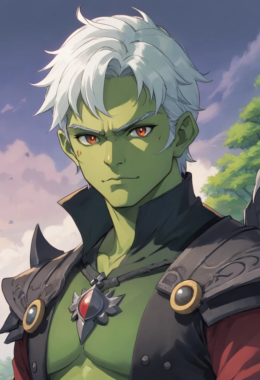 half orc, green skin, male, close up portrait, fantasy look, rpg character, medieval fantasy, white hair, red eyes, 1.90 height, muscolar, half-body shot, scars, ((Taper Haircut + Brushed Up man's hairstyle)), black boots, fullbody ((fullbody)), 20years, muscolar body, black outfits, ((black fantasy outfits)), ((deep green skin))