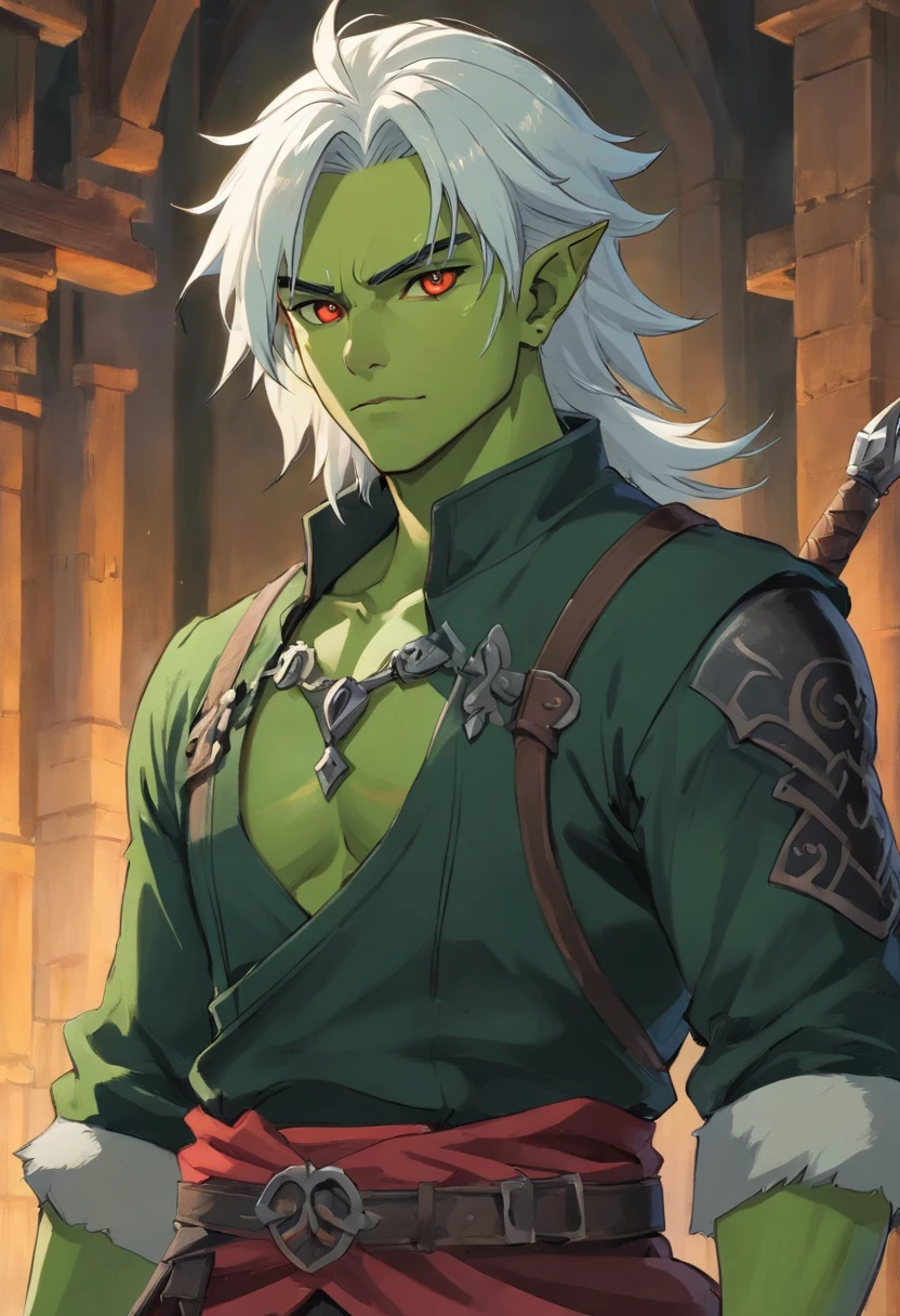 half orc, green skin, male, close up portrait, fantasy look, rpg character, medieval fantasy, white hair, red eyes, 1.90 height, muscolar, half-body shot, scars, ((Taper Haircut + Brushed Up man's hairstyle)), black boots, fullbody ((fullbody)), 20years, muscolar body, black outfits, ((black fantasy outfits)), ((deep green skin))