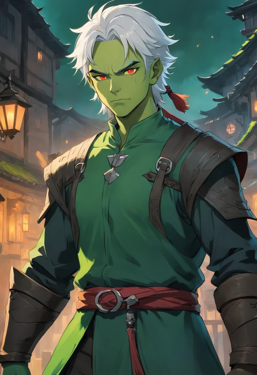 half orc, green skin, male, close up portrait, fantasy look, rpg character, medieval fantasy, white hair, red eyes, 1.90 height, muscolar, half-body shot, scars, ((Taper Haircut + Brushed Up man's hairstyle)), black boots, fullbody ((fullbody)), 20years, muscolar body, black outfits, ((black fantasy outfits)), ((deep green skin))