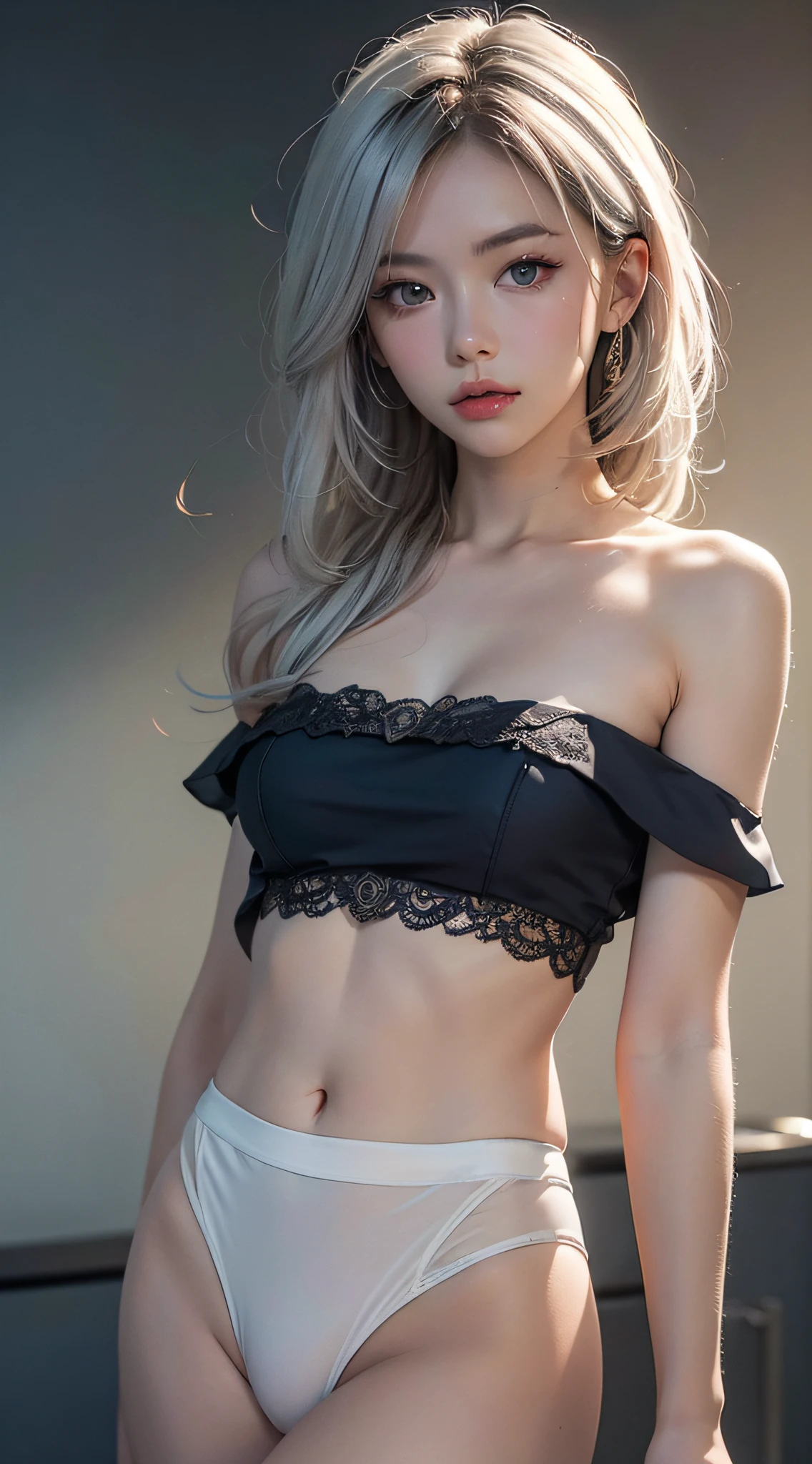 Unbeatable masterpiece, Ultra photo realsisim, Perfect artwork, Intricate details, Best quality, Strong light , High contrast, Dynamic pose, Dutch angle , ((Depth of field)) , (child:1.2) , (Girl body type) , (Masterpiece) , (Best quality) , Sophisticated visuals , k hd , (ultradetailed) , finedetail , ((Solo)) , ((gawrgura)) , (Medium hair) , (White silver hair) (gradient blue) , (beatiful detailed eyes) , kawai , adolable , cropped shoulders ,view the viewer , Bare shoulders , standing , ((full bodyesbian)) , Pale skin
