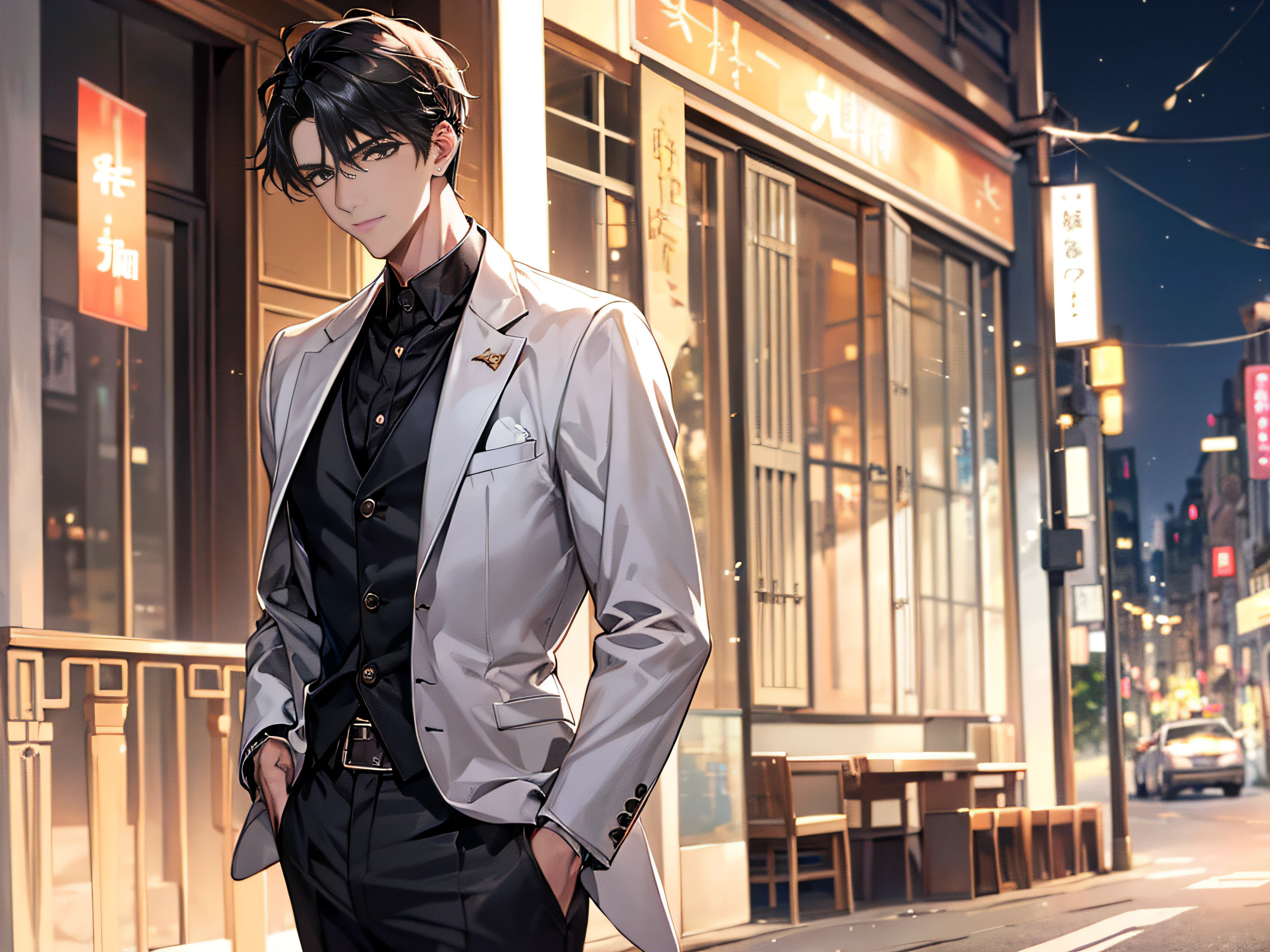(Handsome men: 1.4), White shirt, Short black hair, Delicate face, Fair skin, formal outfit, ((On the street at night: 1.4)), Night, Deserted, nobody, 8 kg HD image, Masterpiece-level high-quality images,ryokan、One man
