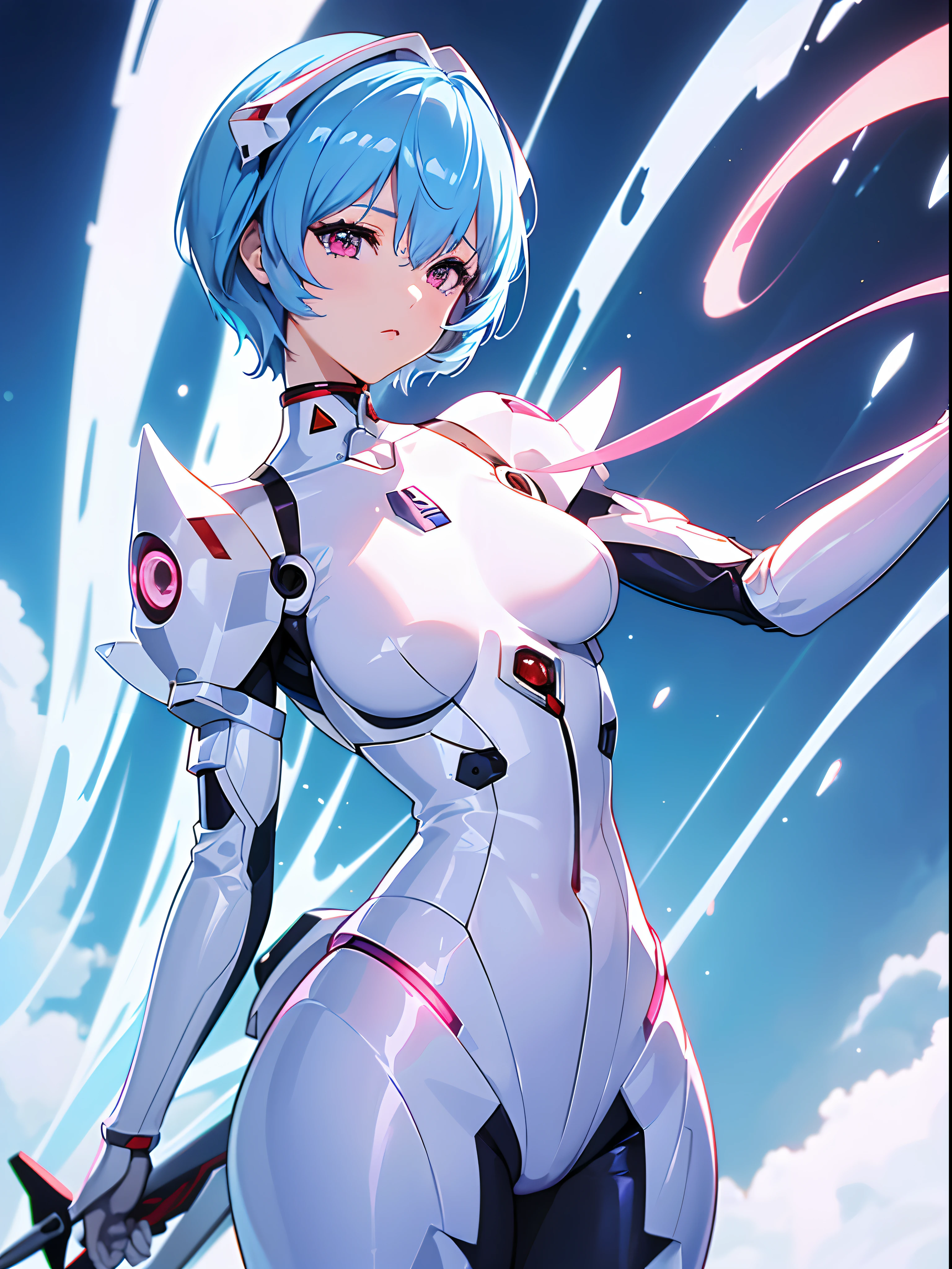 (((ayanami rei))),1girl,solo,(masterpiece,best quality, official art, beautiful and aesthetic:1.2),(ultra high res, (4k), (photon mapping, radiosity, physically-based rendering,automatic white balance), technological sense,Amazing,sharp focus,rich background, (((high detailed skin,)))dynamic lighting,intricate detailed outfit,kawaii,watery eyes,((short hair,))deadpan, skiny,  turtle neck, body suit, mechs,(masterpiece sidelighting),(bishoujo,lustrous),(sky blue hair,pink eyes,）