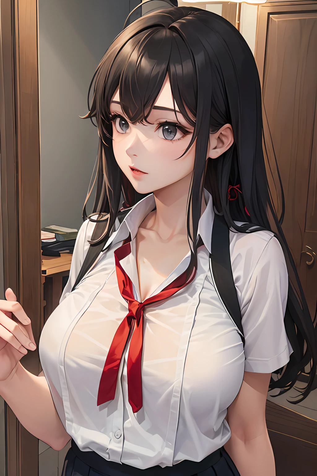 (((Masterpiece, Top Quality, Best Quality, Official Art, Beautiful and Aesthetic: 1.3))), (1 Girl: 1.5), (Front)))), Very Detailed, Sexy, Supreme Detailed, (School Uniform)))), (Fury)))), Black Hair, (Shiny Skin), (Many Colors: 1.1), ((Big)))), Large breasts, Light areola