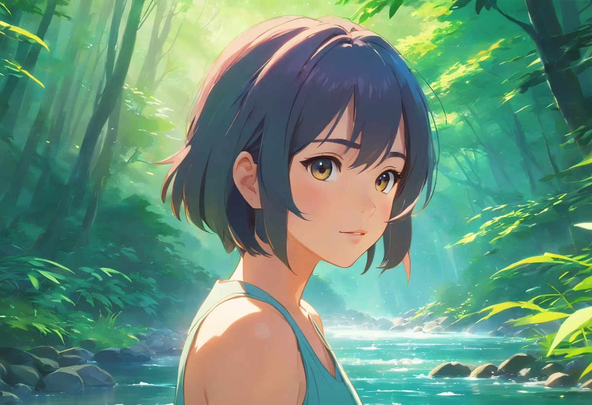 A very beautiful girl bathing happily near a clear cool waterfall Pink skin Blue eyes Brunette Detailed face Detailed body Realistic model Highly detailed nature scenery CGI 8k resolution