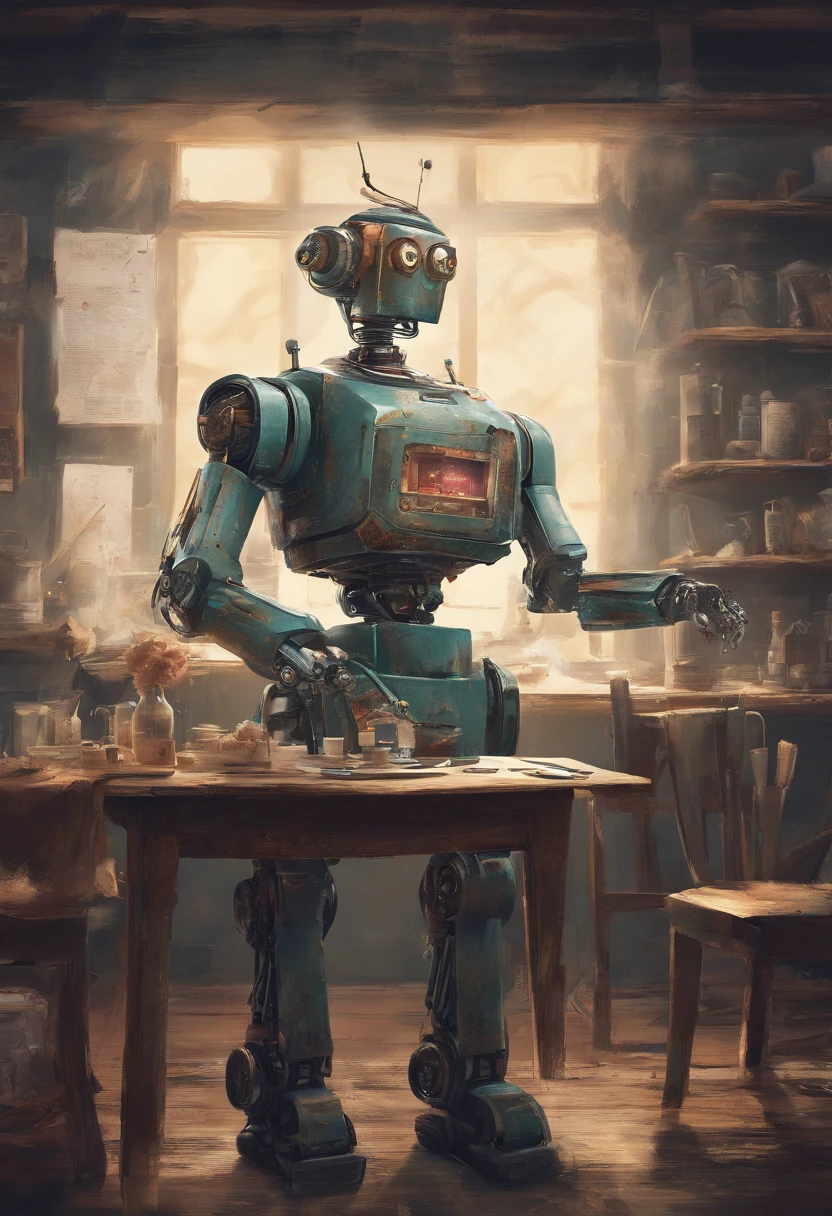 arafed robot sitting at a table with a piece of art in front of him, digital art by Ludwik Konarzewski, shutterstock, digital art, a still life of a rusty robot, a still life of a robot, portrait of a starving ai artist, robot painting a robot on canvas, robot photography, vintage robotics