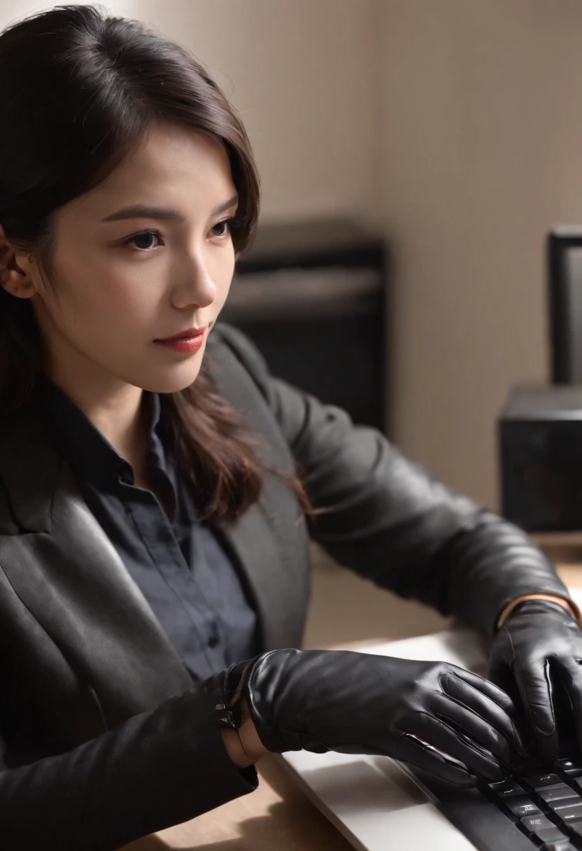 Wearing black leather gloves in both hands, upper body, black business suit, facing the desk in my room with a computer in the dark, tapping the keys of the computer keyboard with the fingertips of black leather gloves while looking at the screen, black hair bundled in the back for a long time, Japanese female new employee (black leather gloves cover both hands) (angle is in the front)