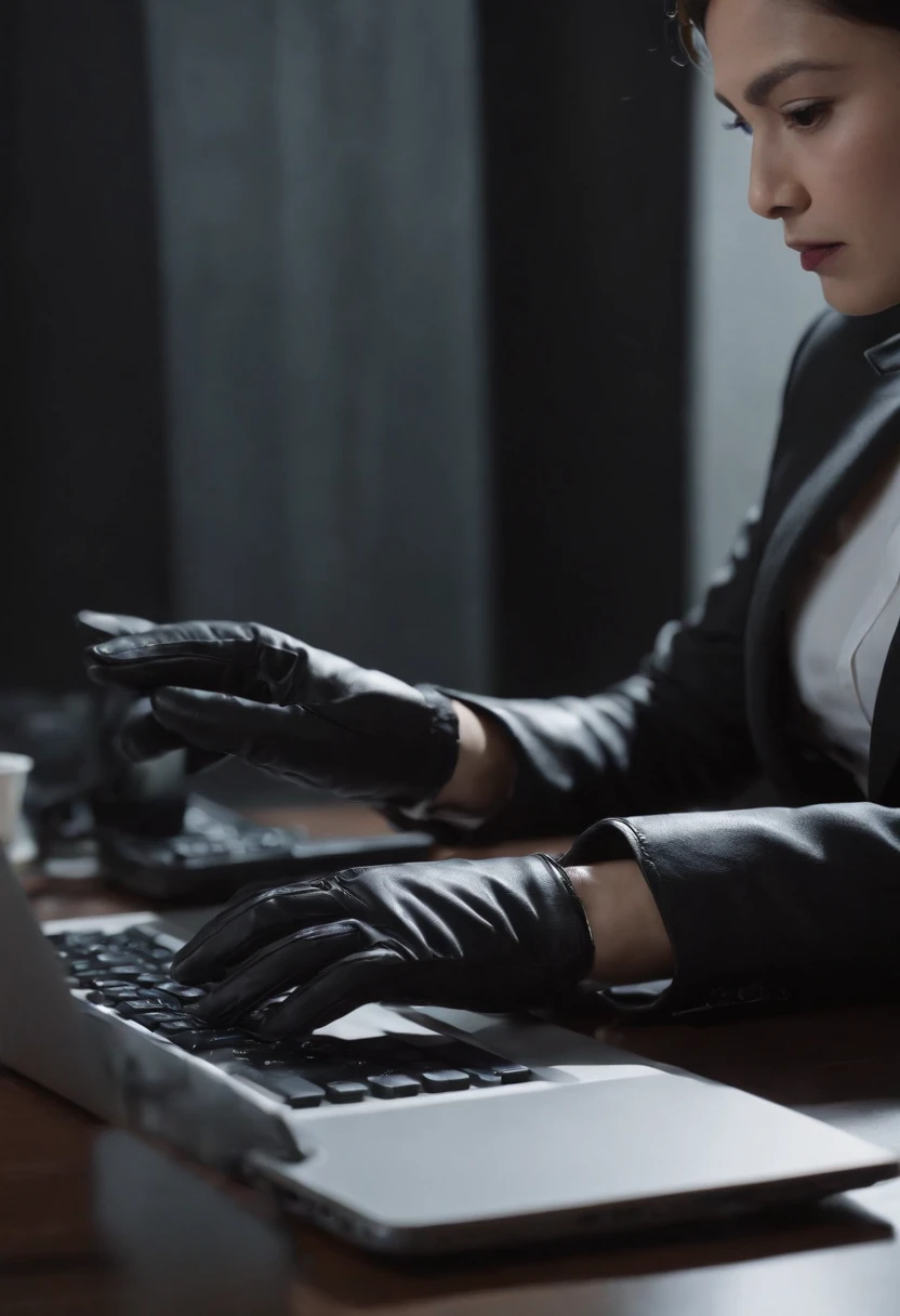 Wearing black leather gloves in both hands, upper body, black business suit, facing the desk in my room with a computer in the dark, tapping the keys of the computer keyboard with the fingertips of black leather gloves while looking at the screen, black hair bundled in the back for a long time, Japanese female new employee (black leather gloves cover both hands) (angle is in the front)