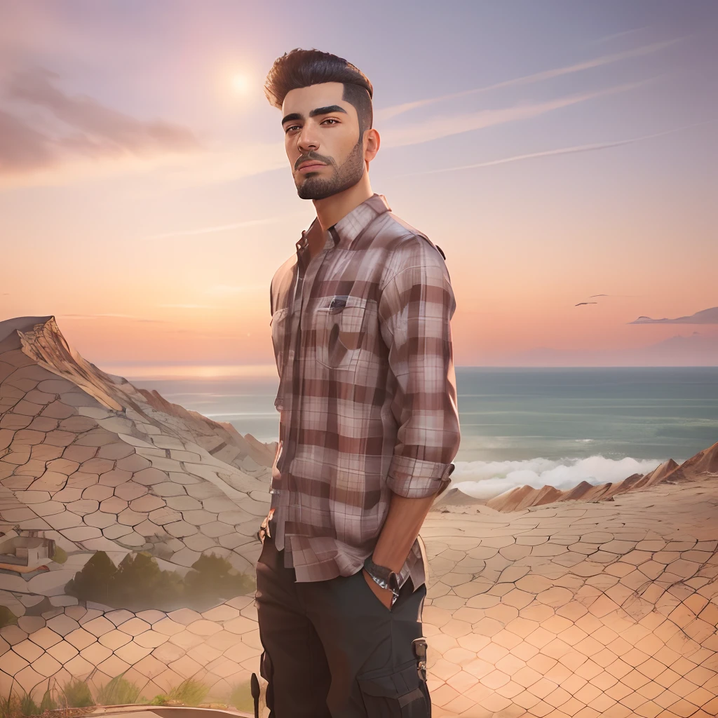 arafed man standing on a top off mountain with a skateboard in his hand, matte painting portrait shot, realism artstyle, inspired by Amir Zand, realistic picture, photo realistic style, photorealistic artstyle, with sunset, photorealistic style, realistic background, made with photoshop, very realistic 3 d render, photorealistic picture, realistic render, photorealistic!!!!!!! art style