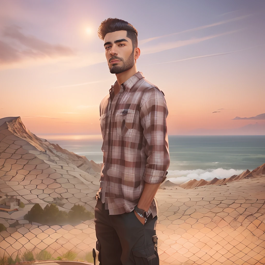 arafed man standing on a top off mountain with a skateboard in his hand, matte painting portrait shot, realism artstyle, inspired by Amir Zand, realistic picture, photo realistic style, photorealistic artstyle, with sunset, photorealistic style, realistic background, made with photoshop, very realistic 3 d render, photorealistic picture, realistic render, photorealistic!!!!!!! art style