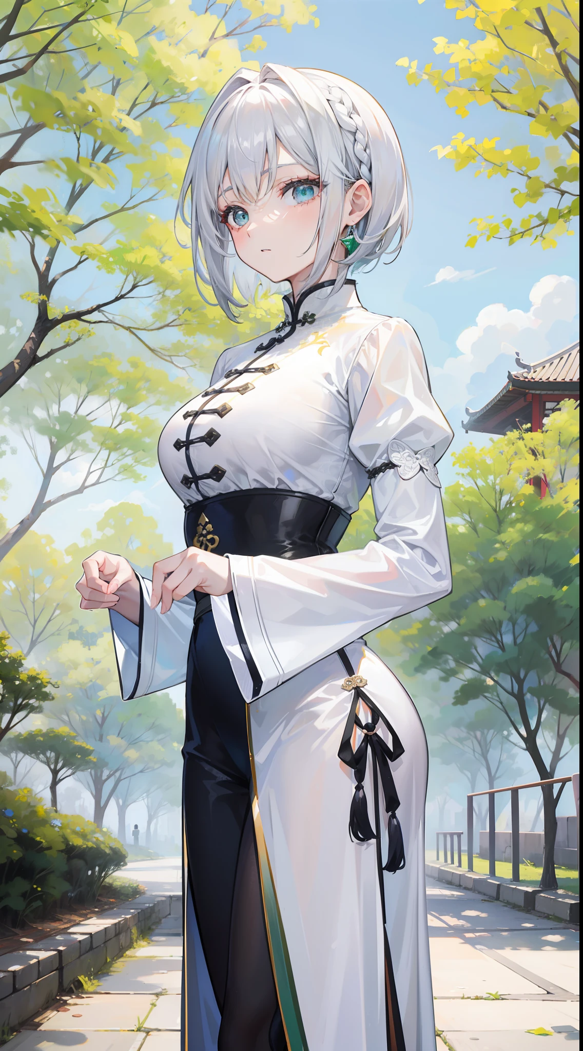 A 20 year old woman with silver hair and emerald eyes. Short hair braided on one side, wearing a white Chinese cheongsam, standing in the park.