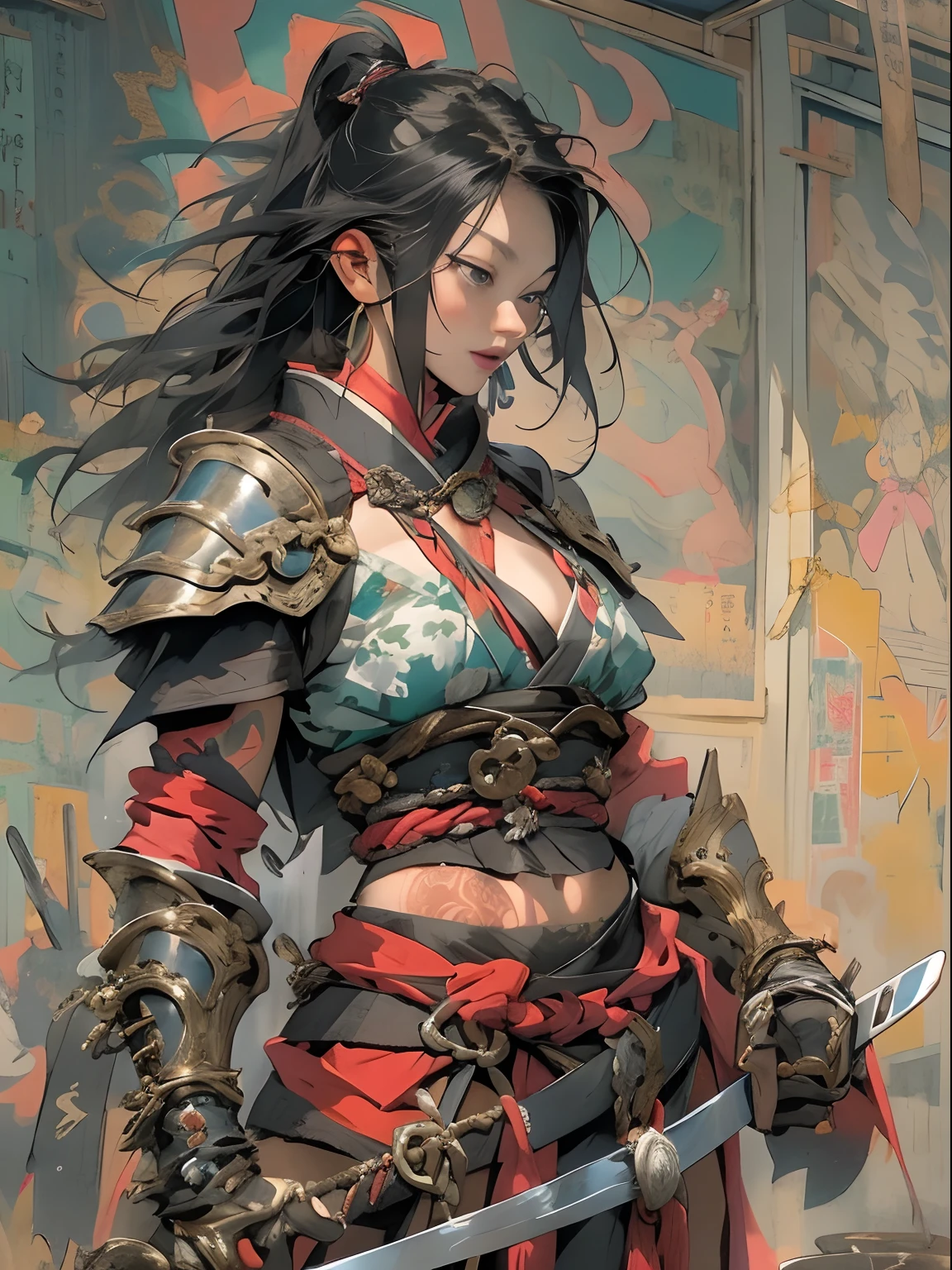 (((woman))), (((best qualityer))), (((tmasterpiece))), (((AS-Adult))), ((( Japanese ))), Look up from your knees, A beautiful asian samurai woman with perfect body, Modern samurai, ((( Asian))), Wear gloves on your hands,The left arm is made of steel and metal tips,Made of protective devices, The eyes are pulled, (( Appears below the breast )), (( Small dental floss )), Simon Bisley, Almost naked(Simon Bisley)Castle City Wilderness,For high-resolution posters, hair straight, Minimum clothing, armure (Crazy clothes ), Full of tips and rivets, tribal tattoos, (((full bodyesbian))), Straight brunette hair,Colored hair ends