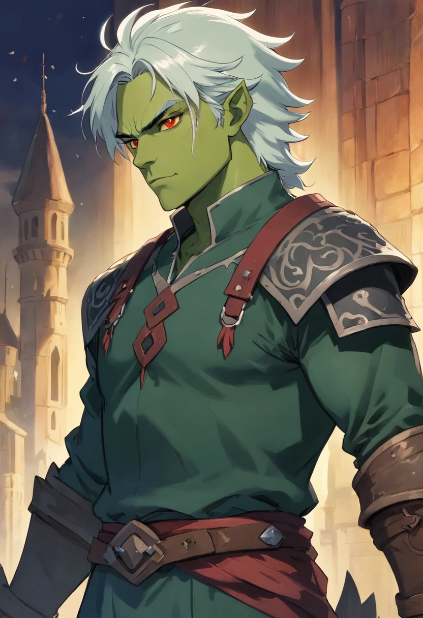 half orc, green skin, male, close up portrait, fantasy look, rpg character, medieval fantasy, white hair, red eyes, 1.90 height, muscolar, half-body shot, scars, ((Taper Haircut + Brushed Up man's hairstyle)), black boots, fullbody ((fullbody)), 30years, muscolar body, black outfits, ((black fantasy outfits)), ((deep green skin))