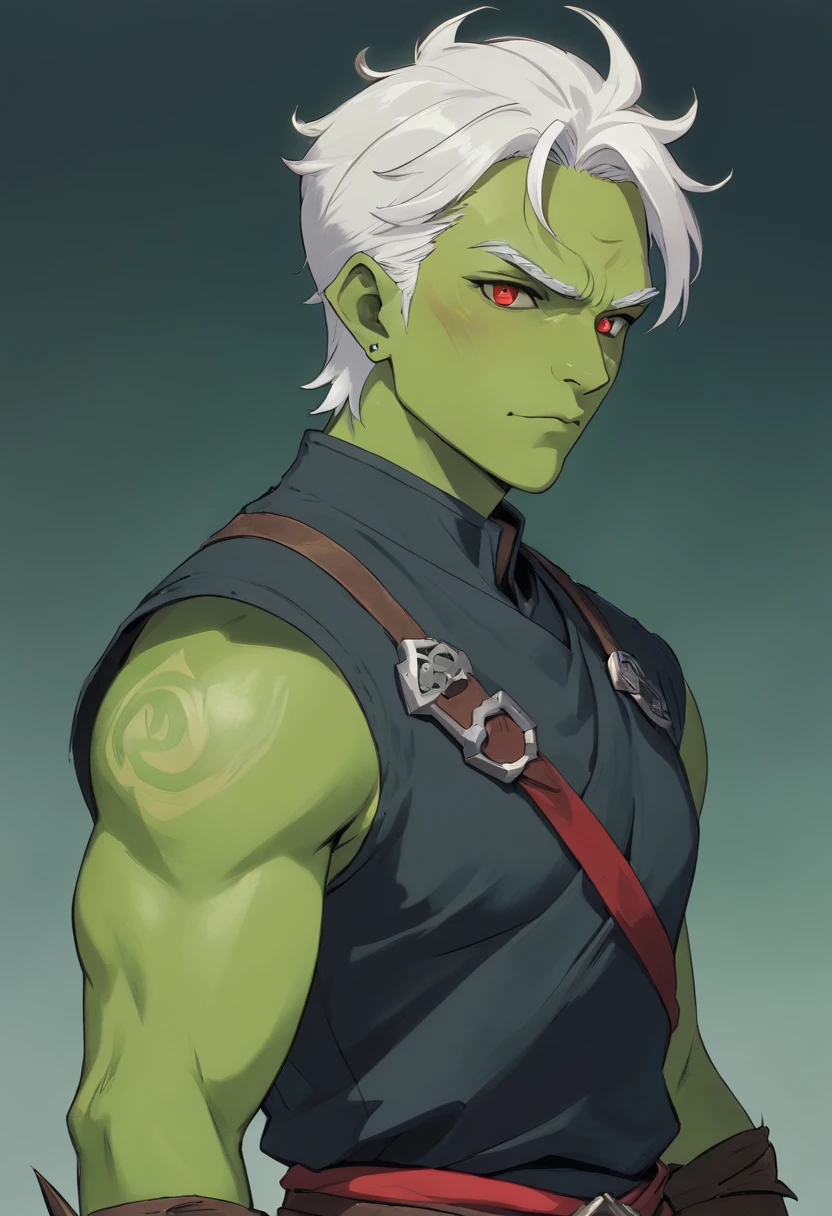 half orc, green skin, male, close up portrait, fantasy look, rpg character, medieval fantasy, white hair, red eyes, 1.90 height, muscolar, half-body shot, scars, ((Taper Haircut + Brushed Up man's hairstyle)), black boots, fullbody ((fullbody)), 30years, muscolar body, black outfits, ((black fantasy outfits)), ((deep green skin))