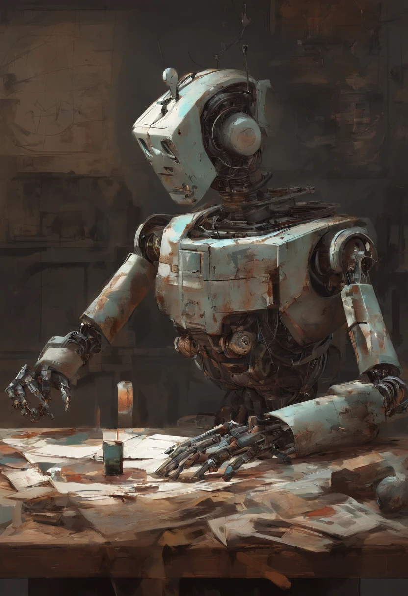 arafed robot sitting at a table with a piece of art in front of him, digital art by Ludwik Konarzewski, shutterstock, digital art, a still life of a rusty robot, a still life of a robot, portrait of a starving ai artist, robot painting a robot on canvas, robot photography, vintage robotics