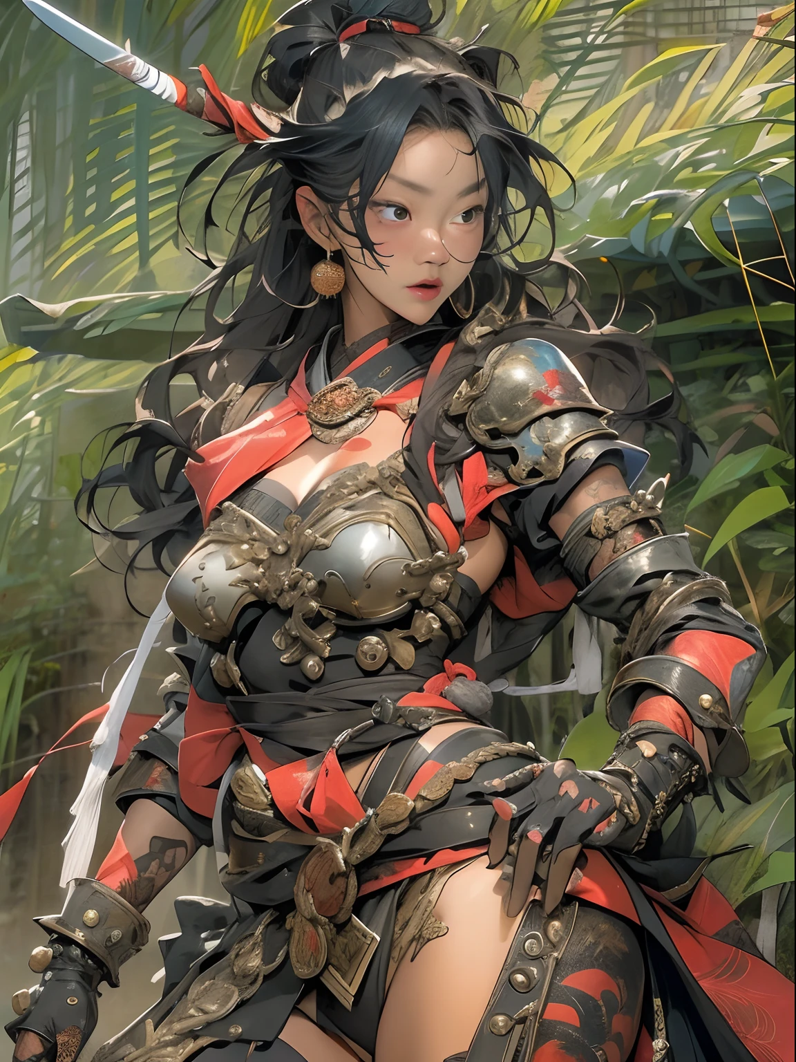 (((woman))), (((best qualityer))), (((tmasterpiece))), (((AS-Adult))), ((( Japanese ))), Look up from your knees, A beautiful asian samurai woman with perfect body, Modern samurai, ((( Asian))), Wear gloves on your hands,The left arm is made of steel and metal tips,Made of protective devices, The eyes are pulled, (( Appears below the breast )), (( Small dental floss )), Simon Bisley, Almost naked(Simon Bisley)Castle City Wilderness,For high-resolution posters, hair straight, Minimum clothing, armure (Crazy clothes ), Full of tips and rivets, tribal tattoos, (((full bodyesbian))), Straight brunette hair,Colored hair ends