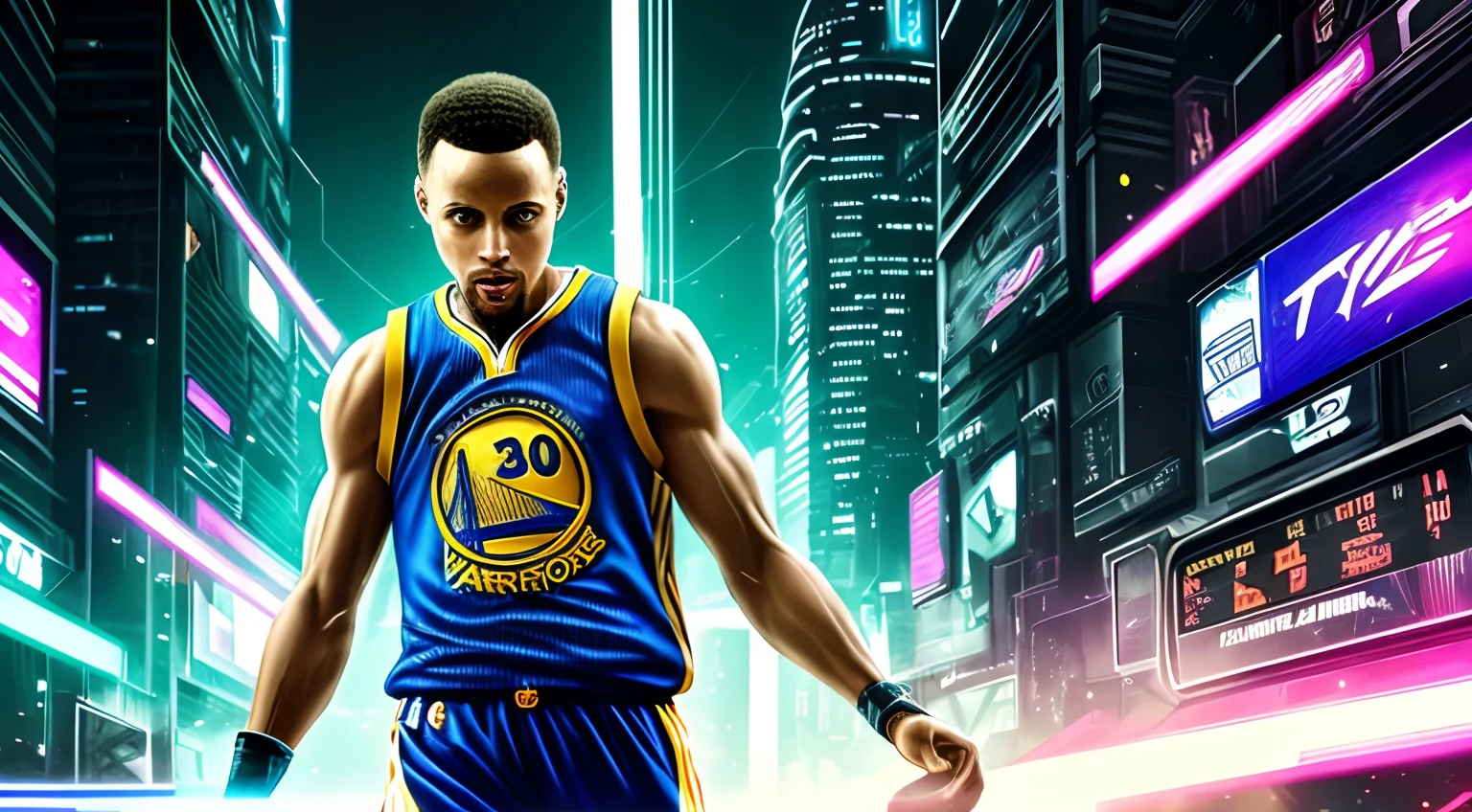 Stephen Curry,Style cyber punk,((Complicated details)),Hdr,((Complicated details,Ultra - detailed)),Film objectives,vignette --auto