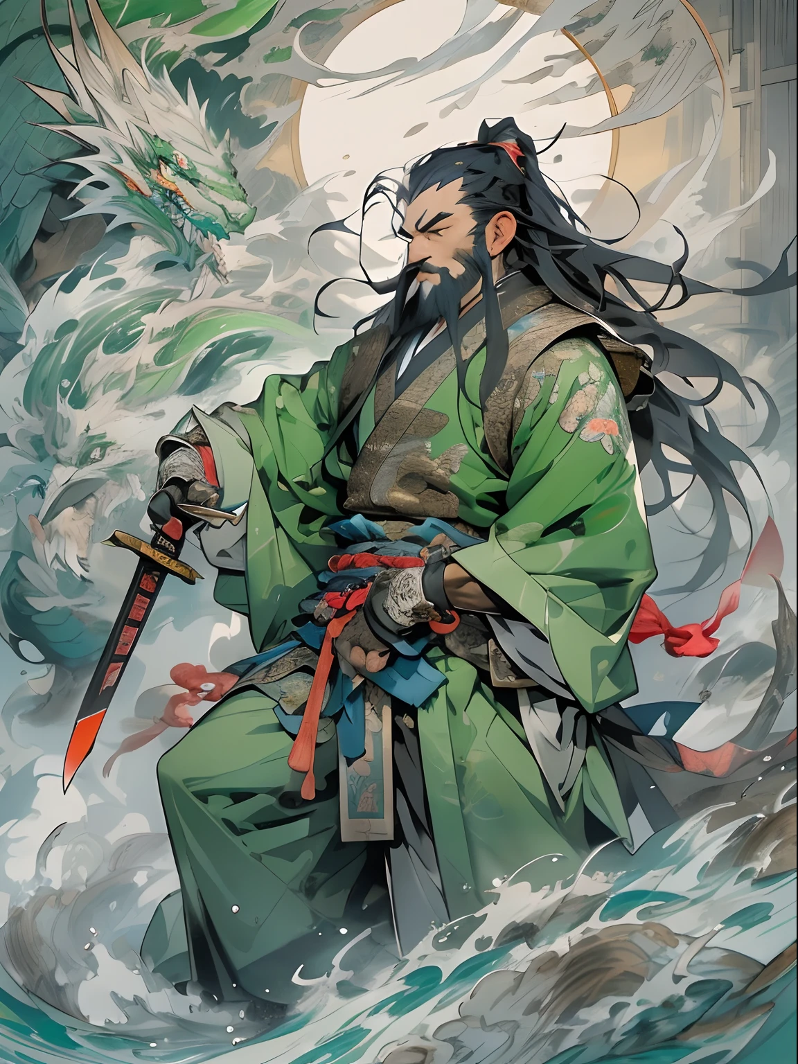 (((China-style,Ink painting method,Half-length portrait,Intense color,Han dynasty, China,Hanfu,Armor,Guan yu,Guan Yunchang,of a guy,Ruddy killing square face,Hold the Blue Dragon Moon Knife in his right hand,Stroke your beard with your left hand,Long hair,petty eyes,Green robe))), (((best qualityer))), (((tmasterpiece))), (((AS-Adult))), ((( Japanese ))), Look up from your knees, Handsome Asian samurai,perfect body figure, Modern samurai, ((( Asian))), Wear gloves on your hands,The left arm is made of steel and metal tips,Made of protective devices, The eyes are pulled, (( Appears below the chest )), (( Small dental floss )), Simon Bisley, Almost naked(Simon Bisley)Castle City Wilderness,For high-resolution posters, hair straight, Minimum clothing, armure (Crazy clothes ), Full of tips and rivets, tribal tattoos, (((full bodyesbian))), Straight brunette hair,Colored hair ends
