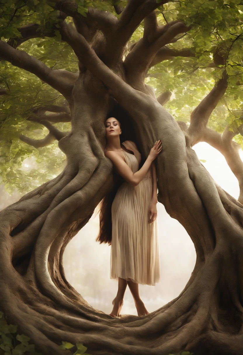 realistict close up photography, Arbomorph A hug of woman body turn into a leafy tree, with roots as legs, branches like arms, some leaves fly on a white background,