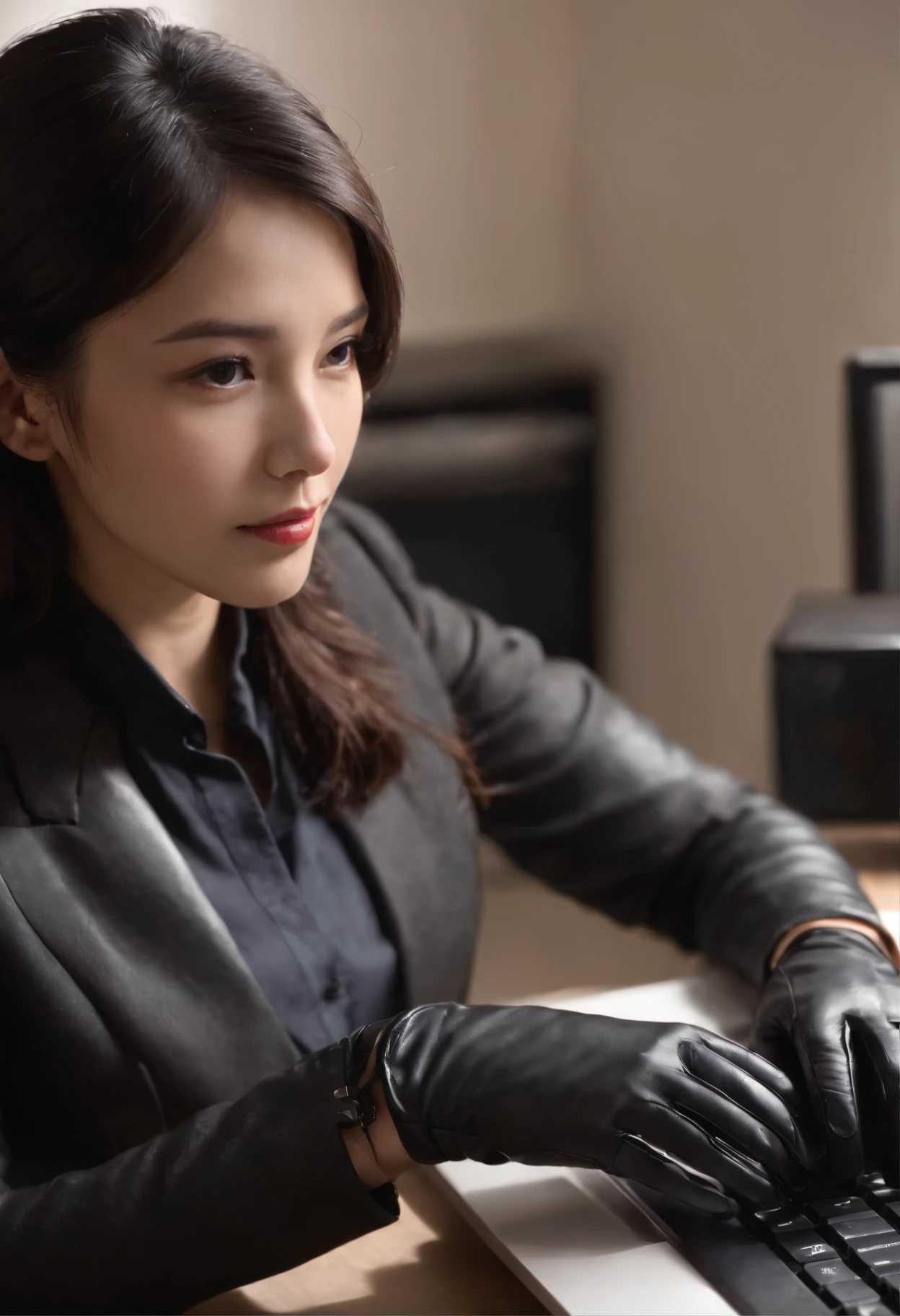 Wearing black leather gloves in both hands, upper body, black business suit, facing the desk in my room with a computer in the dark, tapping the keys of the computer keyboard with the fingertips of black leather gloves while looking at the screen, black hair bundled in the back for a long time, Japanese female new employee (black leather gloves cover both hands) (angle is in the front)