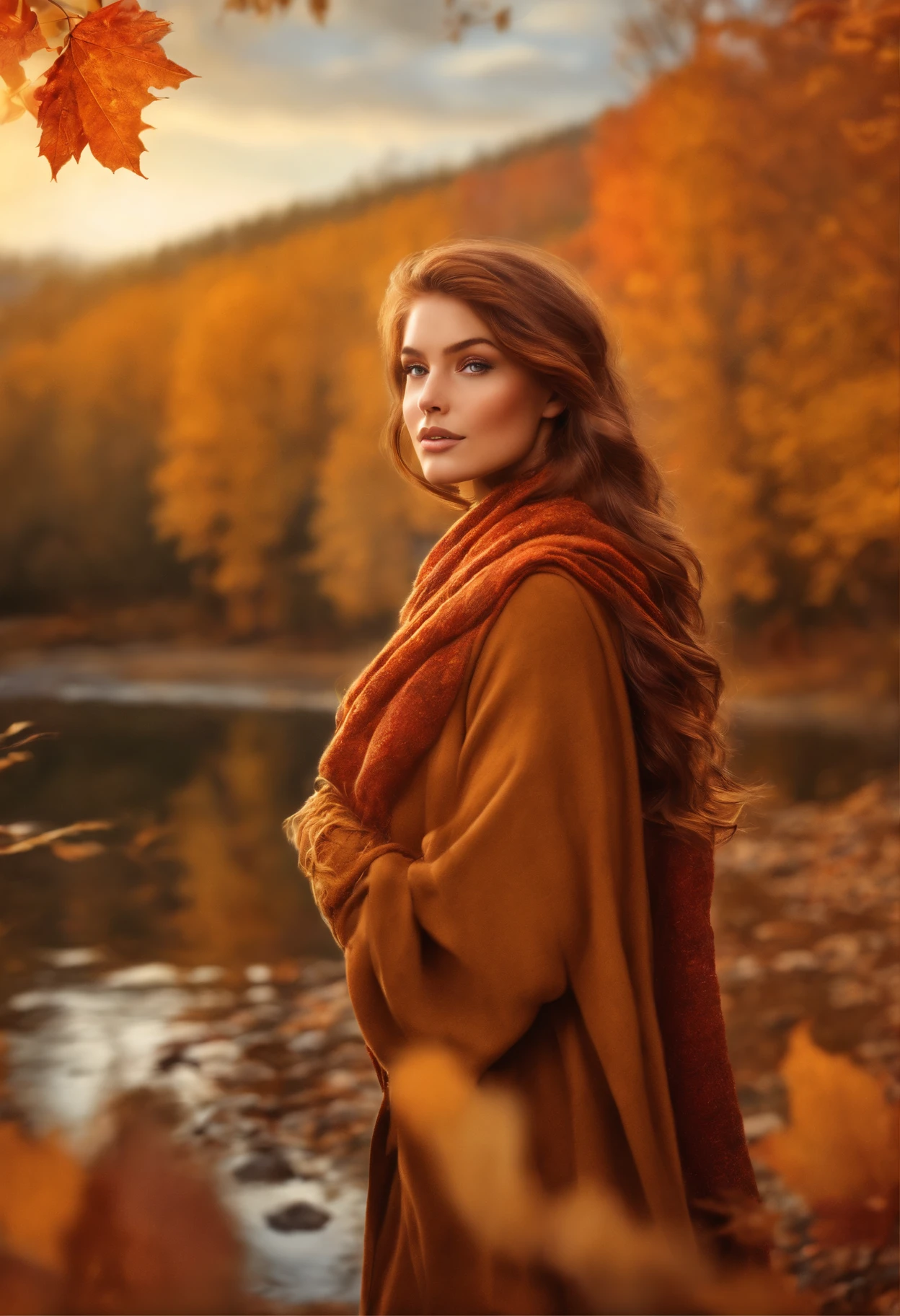 1girl, vibrant autumn leaves swirling, auburn hair, golden eyes reflecting sunset hues, cozy woolen scarf, warm earthy tones, nestled by a forest edge, gentle breeze, masterpiece, best quality,, official art, Professional, unity 8k wallpaper