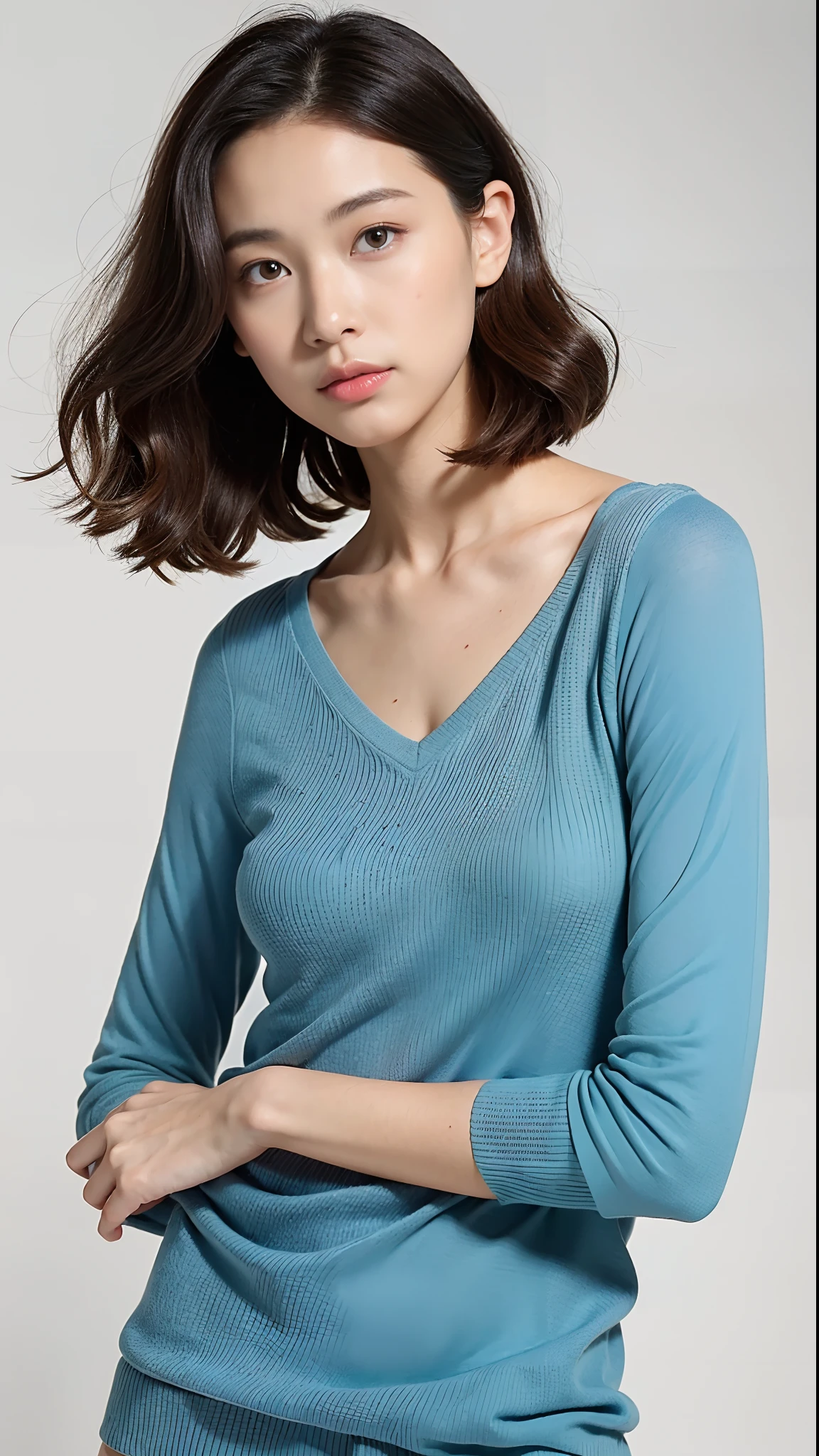 (top-quality、8K、32K、masterpiece、nffsw:1.2)、Photo of a cute Japanese woman、small tits、tiny chest、light brown hair、Middle hair、blondehair、short-cut、gradation hair、Curly hair、The upper part of the body、sface focus、Navy Blue V-Neck Knit、a necklace、simple background、From above、looking at the viewers、Slimed、A slender、Model body type、Very small breasts