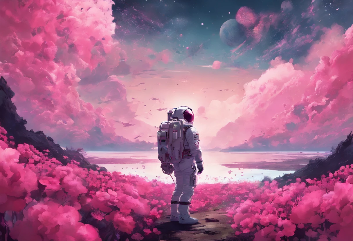 he astronaut walks in the sea of flowers dotted with pink clouds,The astronaut who is alone,The astronaut cannot leave this planet,The astronaut is lost in the boundless space.