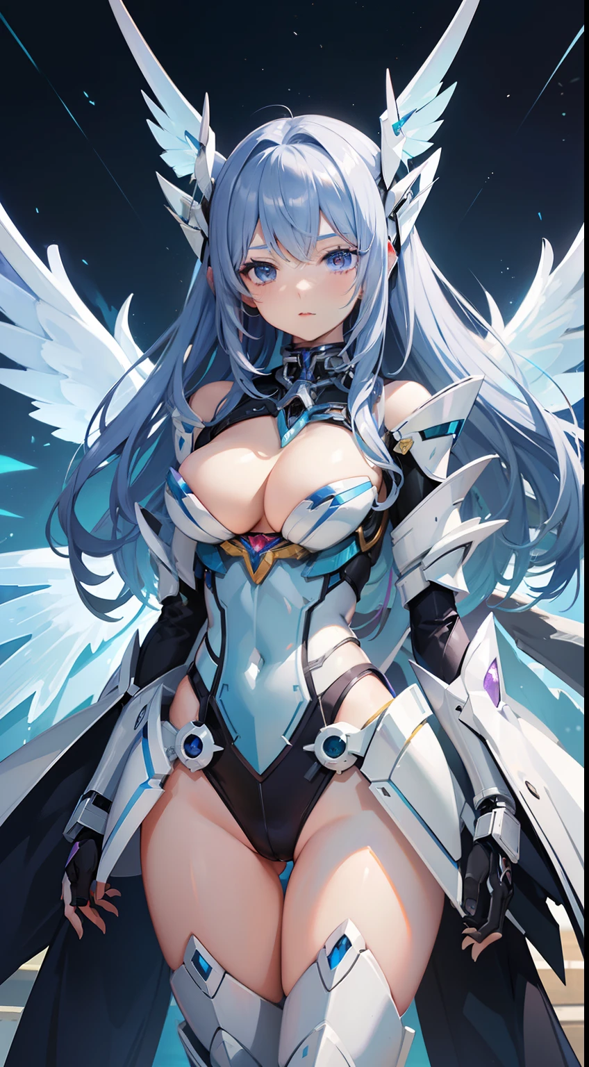 ((8K))、((32K))、((top-quality))、((masterpiece))、((超A high resolution))、((T-Mastepiece))、detailed skin textures、Detailed Cloth Texture、Detailed metal texture、((beautifull detailed face))、Raw photo、proffesional、Ultra-fine painting、((独奏))、((Woman dressed as Mecha Angel))、beutiful breast、concept-art、anime fantasy artwork、detailed fantasy art、Anime character with pale blue-violet hair and big white wings、(((Twin-tailed)))、(mechs:1.6)Sleek and menacing design、((Commander's Armament))、Pure white and blue-violet armor、symmetrical wings、8k high quality detailed art、3D rendering of character art in 8K、defined legs、Defined Arm、defined fingers、NSFW