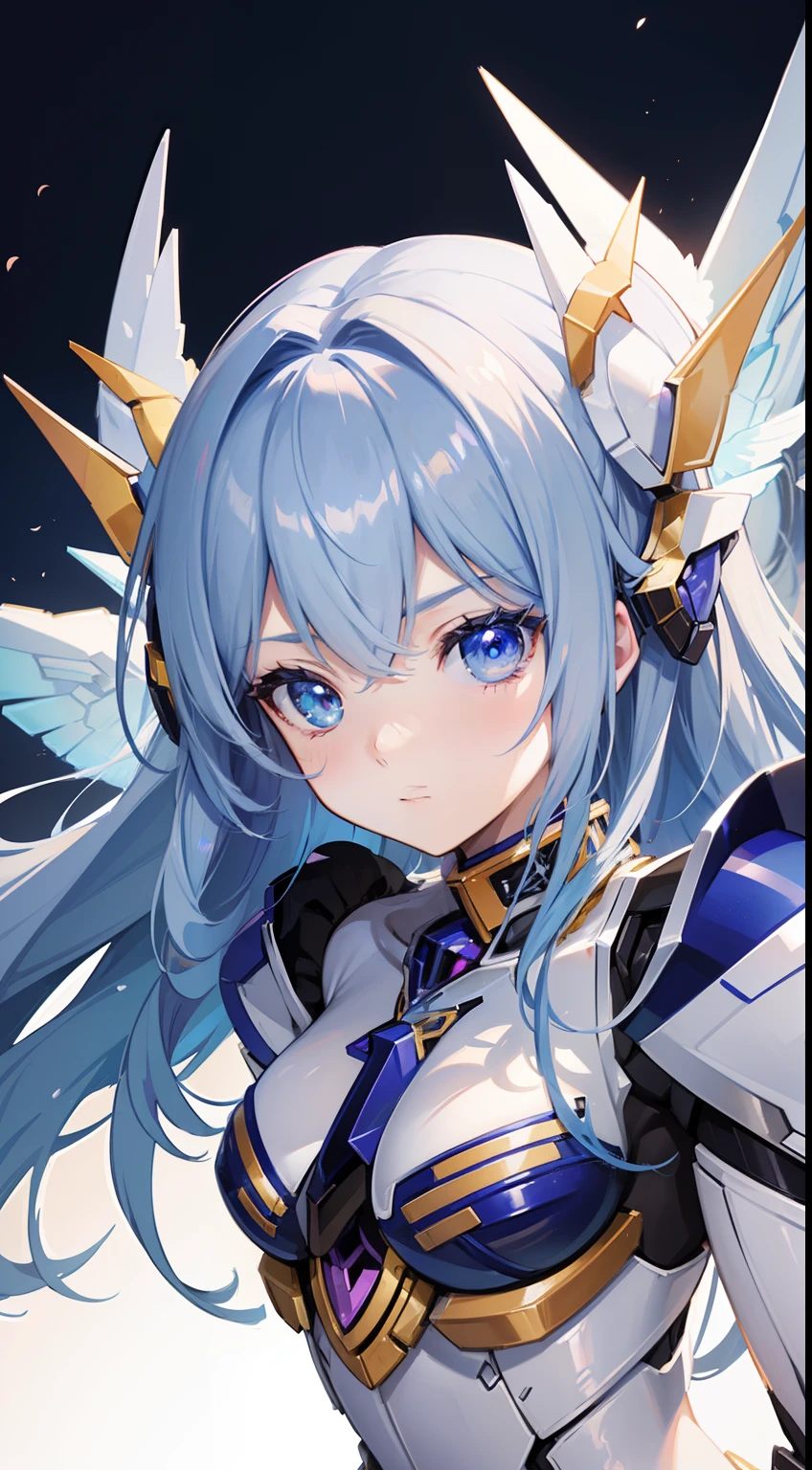 ((8K))、((32K))、((top-quality))、((​masterpiece))、((超A high resolution))、((T-Mastepiece))、detailed skin textures、Detailed Cloth Texture、Detailed metal texture、((beautifull detailed face))、Raw photo、proffesional、Ultra-fine painting、((独奏))、((Woman dressed as Mecha Angel))、beutiful breast、concept-art、anime fantasy artwork、detailed fantasy art、Anime character with pale blue-violet hair and big white wings、(((Twin-tailed)))、(mechs:1.6)Sleek and menacing design、((Commander's Armament))、Pure white and blue-violet armor、symmetrical wings、8k high quality detailed art、3D rendering of character art in 8K、defined legs、Defined Arm、defined fingers、NSFW