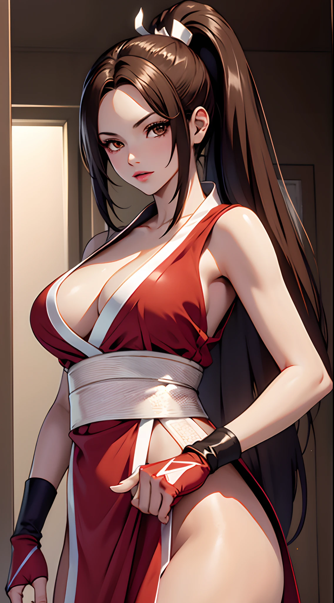 （tmasterpiece，top-quality，best qualityer，offcial art，cleavage，Beauty and aesthetics：1.2），（1girll：1.3），（Good lighting：1.1），（（A high resolution）），with brown eye，long whitr hair，brown  hair，White ribbon，无袖，pony tails，obi strip，pelvis curtain