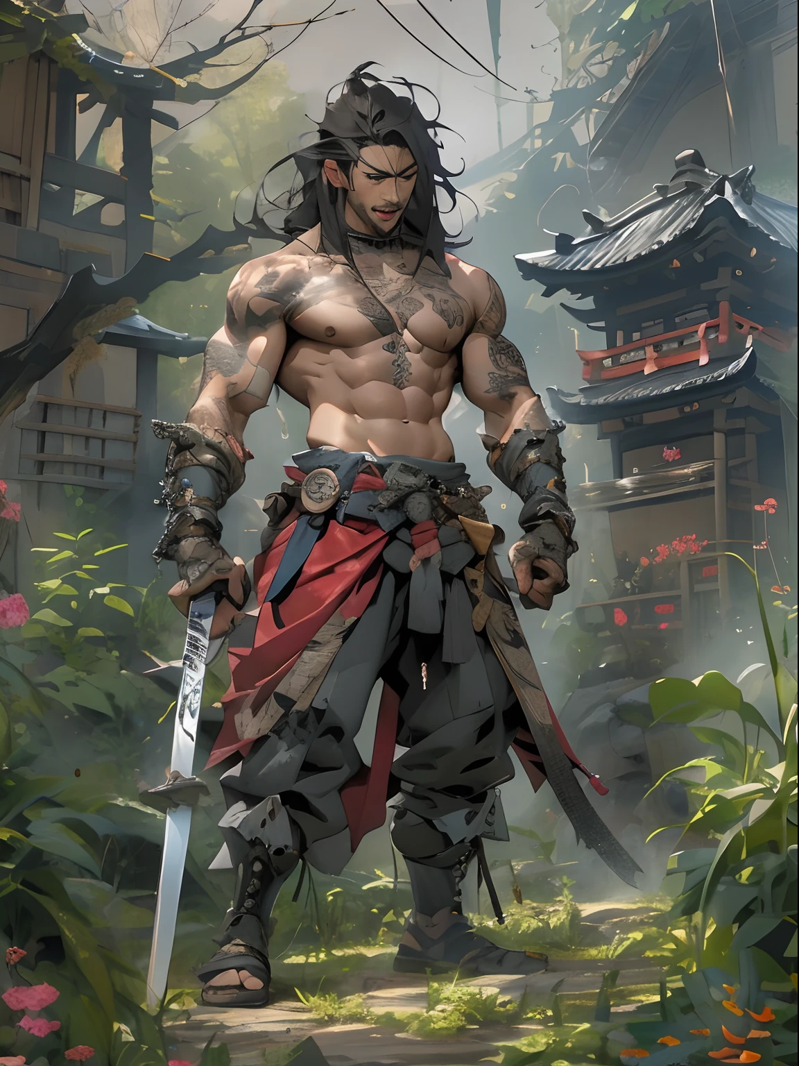 (((mtu))), (((best qualityer))), (((tmasterpiece))), (((AS-Adult))), ((( Japanese ))), Look up from your knees, Handsome Asian samurai，perfect body figure, Modern samurai, ((( Asian))), Wear gloves on your hands，The left arm is made of steel and metal tips，Made of protective devices, The eyes are pulled, (( Appears below the chest )), (( Small dental floss )), Simon Bisley, Almost naked（Simon Bisley）Castle City Wilderness，For high-resolution posters, hair straight, Minimum clothing, armure (Crazy clothes ), Full of tips and rivets, tribal tattoos, (((full bodyesbian))), Straight brunette hair，Colored hair ends